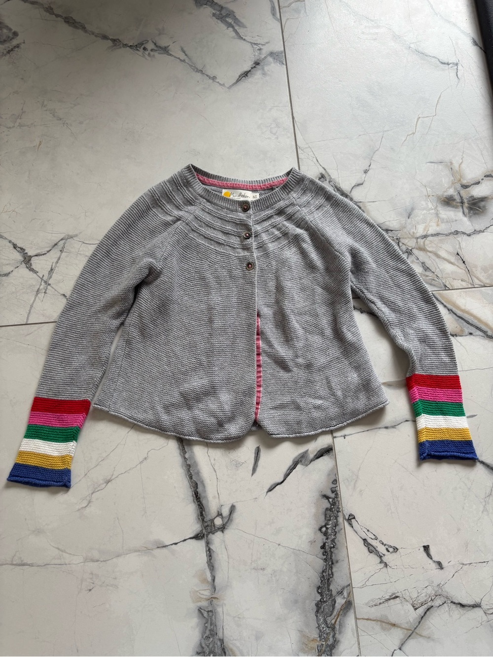 Mini Boden Gray Knit Cardigan with Rainbow Cuff Stripes